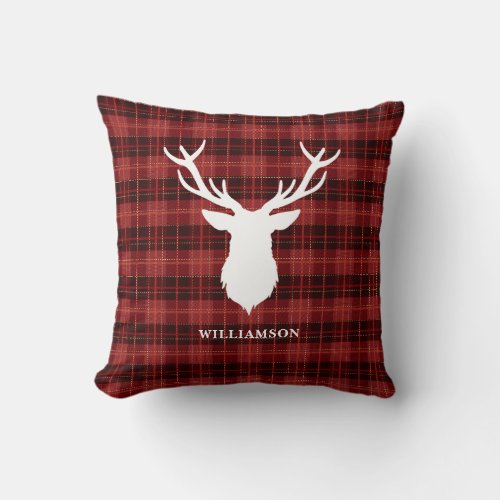 Christmas Deer Red Plaid Personalized Throw Pillow