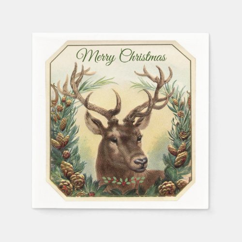 Christmas Deer Reindeer Holly Pine Cones Rustic Napkins