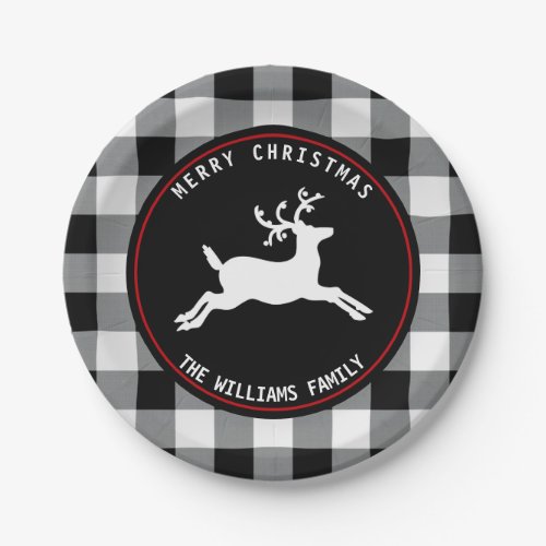 Christmas Deer Rustic Black White Buffalo Check Paper Plates