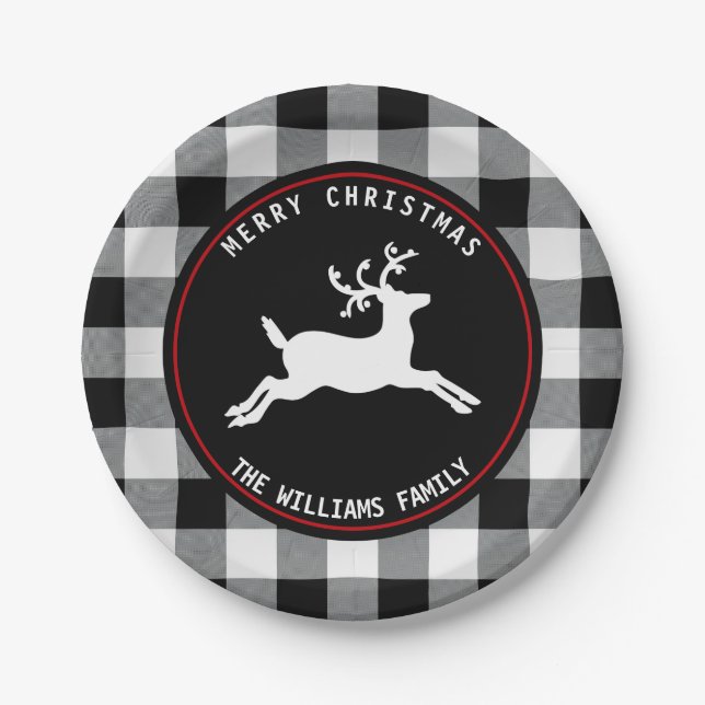 Christmas Deer Rustic Black White Buffalo Check Paper Plates (Front)