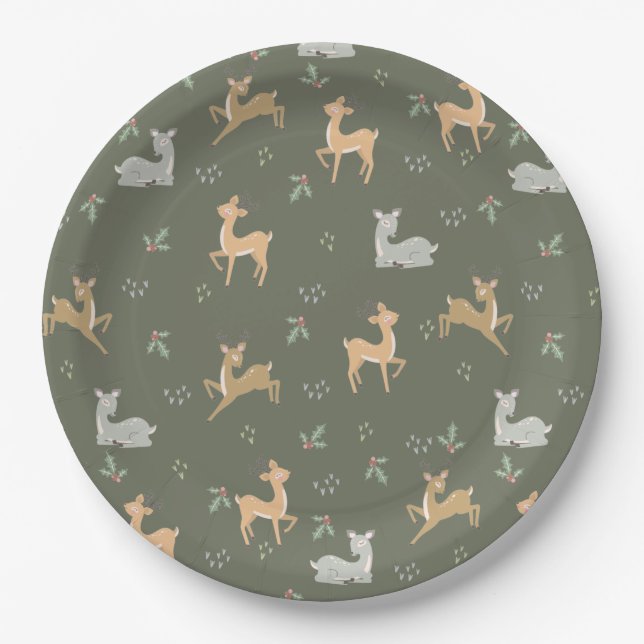 Christmas Deer Seamless Pattern Paper Plates (Front)