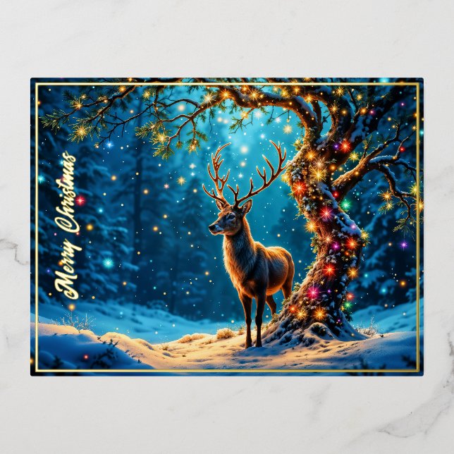 Christmas deer snow colorful glitter glow foil invitation postcard (Front)
