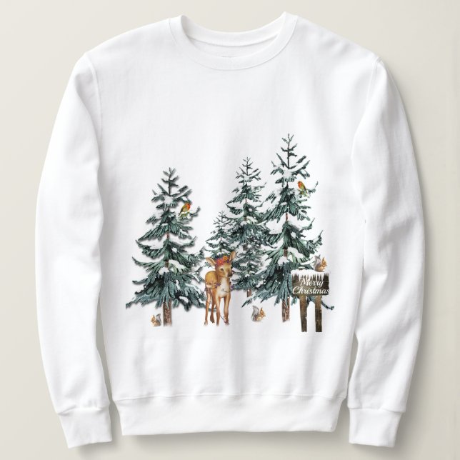 Christmas Deer Squirrel Birds Pine Tree Forest Sweatshirt (Design Front)