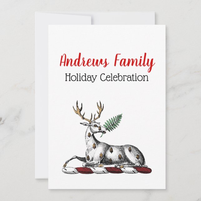 Christmas Deer Stag, Fern Heraldic Crest Emblem Invitation (Front)