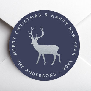 Christmas Deer Stag Navy Blue Faux Silver Elegant Classic Round Sticker