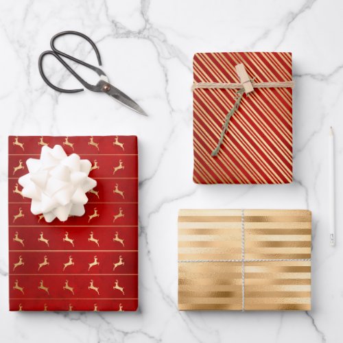 Christmas Deer Stripes Patterns Red Gold Wrapping Paper Sheets