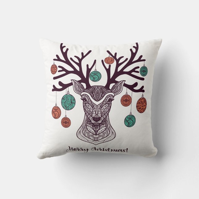 Christmas Deer  Throw Pillow ( The words "Merry Christmas!" are written in a cursive font at the bottom of the pillow. )