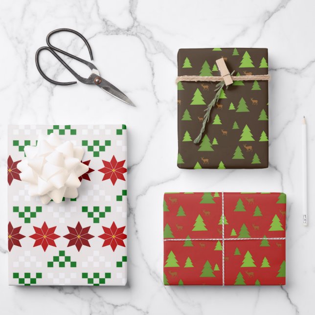 Christmas Deer Trees and Poinsettias  Wrapping Paper Sheets (Front)