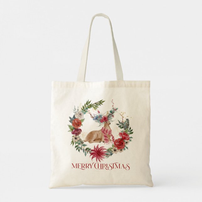 Christmas Deer, Typography and floral wreath Tote Bag (Back)