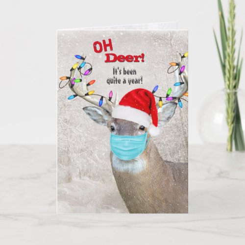 Christmas Deer Wearing Santa Hat Holiday Card