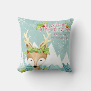 Christmas Deer Winter Snow Cute Adorable Holly Throw Pillow