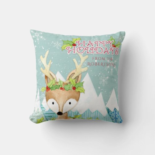 Christmas Deer Winter Snow Cute Adorable Holly Throw Pillow