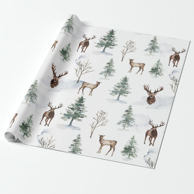 Christmas deer & winter trees pattern wrapping paper (Unrolled)