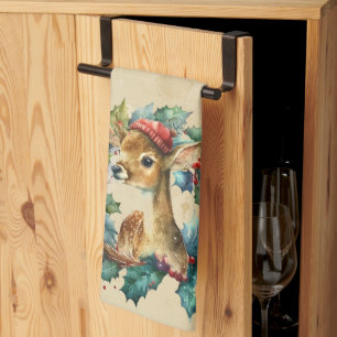 Christmas Deer Winter Watercolor Fun Animal Kitchen Towel