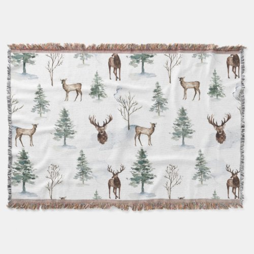 Christmas deer winter woods pattern throw blanket
