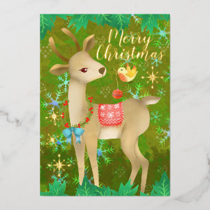 Christmas Deer with Bird. Foil Holiday Card