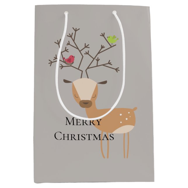 Christmas Deer with Birds Medium Gift Bag (Front)