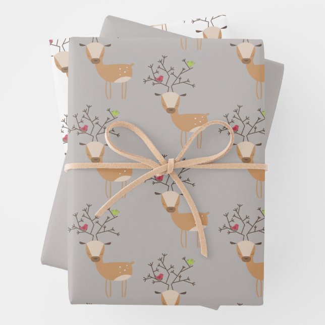 Christmas Deer with Birds Wrapping Paper Sheets (In situ)