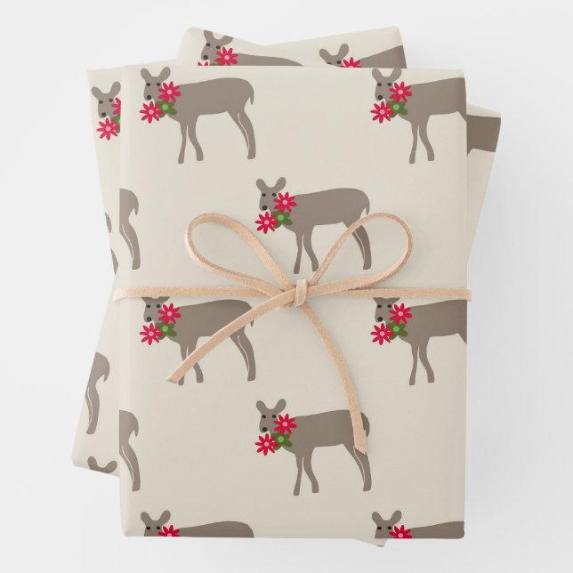 Christmas Deer with Flowers Wrapping Paper Sheets (In situ)