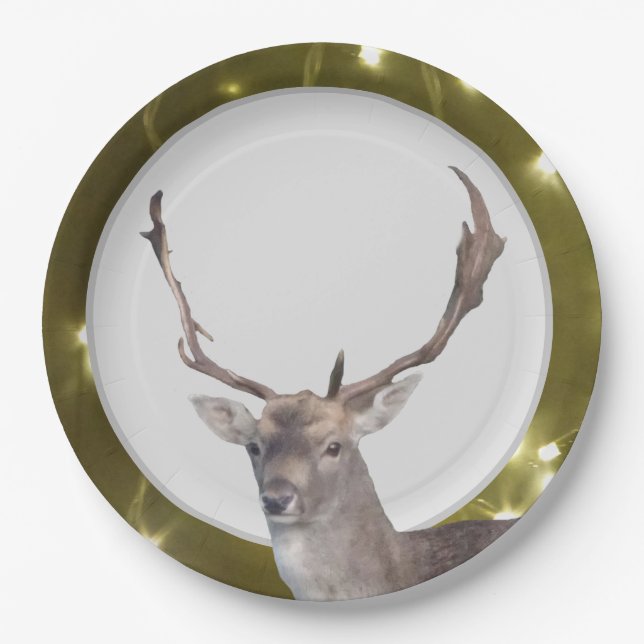 Christmas Deer with Golden Lights Paper Plate (Front)