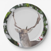 Christmas Deer with Holly Paper Plate