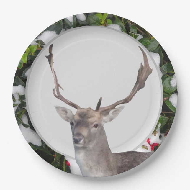 Christmas Deer with Holly Paper Plate (Front)