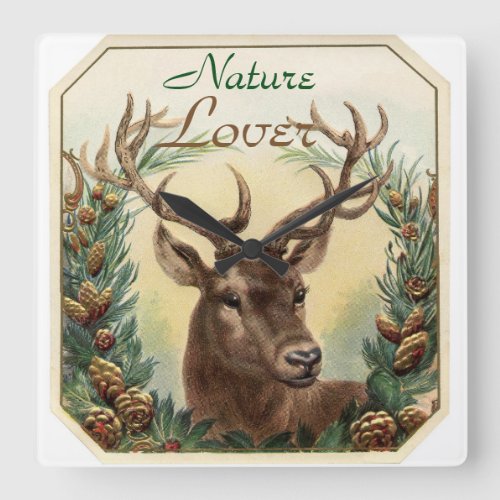 CHRISTMAS DEER WITH PINE CONE CROWN NATURE LOVER SQUARE WALL CLOCK