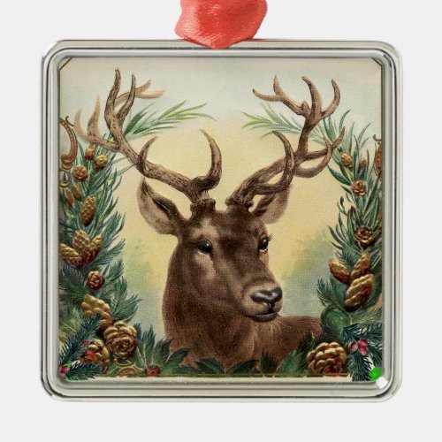 CHRISTMAS DEER WITH PINE CONES CROWN Brown Green Metal Ornament