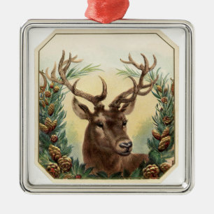 CHRISTMAS DEER WITH PINE CONES CROWN METAL ORNAMENT