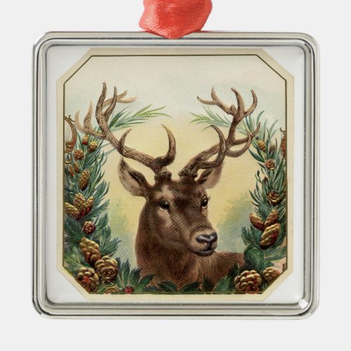 CHRISTMAS DEER WITH PINE CONES CROWN METAL ORNAMENT