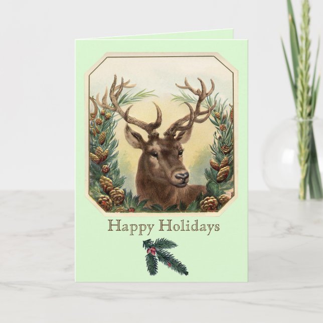 CHRISTMAS DEER WITH PINE CONES CROWN MINT GREEN HOLIDAY CARD (Front)