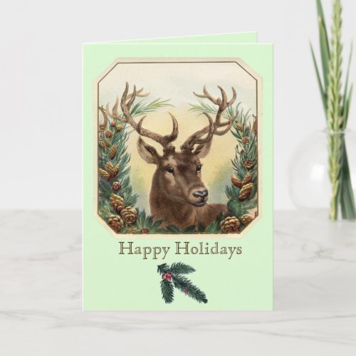 CHRISTMAS DEER WITH PINE CONES CROWN MINT GREEN HOLIDAY CARD