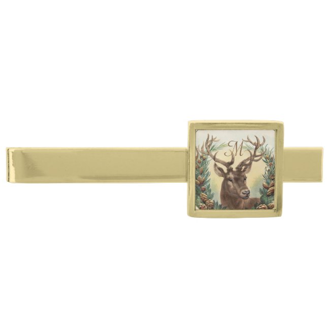 CHRISTMAS DEER WITH PINE CONES CROWN MONOGRAM GOLD FINISH TIE BAR (Front)