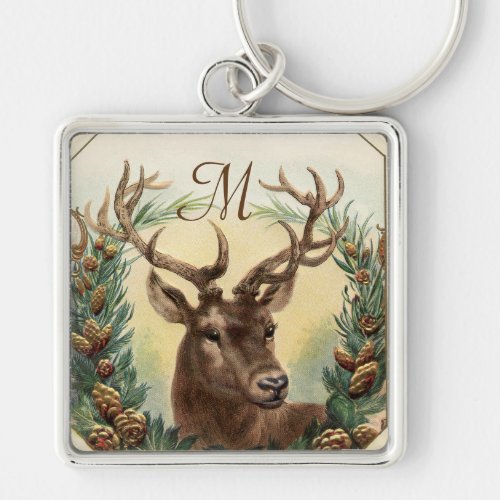 CHRISTMAS DEER WITH PINE CONES CROWN MONOGRAM KEYCHAIN