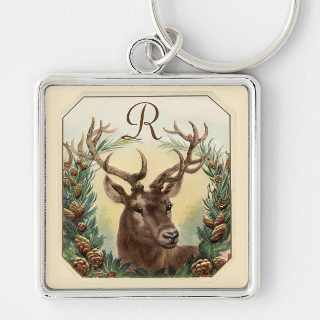 CHRISTMAS DEER WITH PINE CONES CROWN MONOGRAM KEYCHAIN (Front)