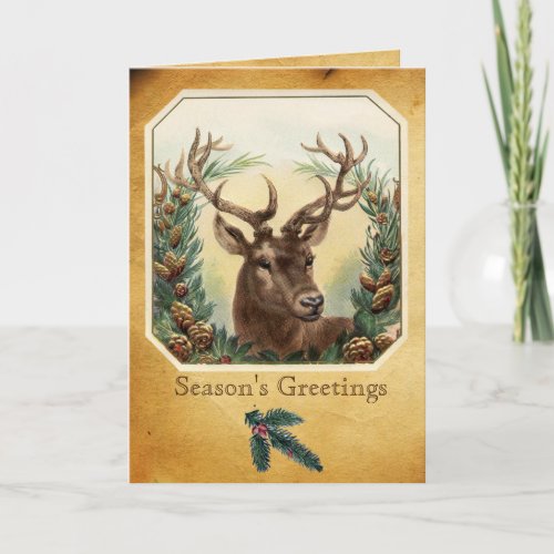 CHRISTMAS DEER WITH PINE CONES CROWN PARCHMENT HOLIDAY CARD