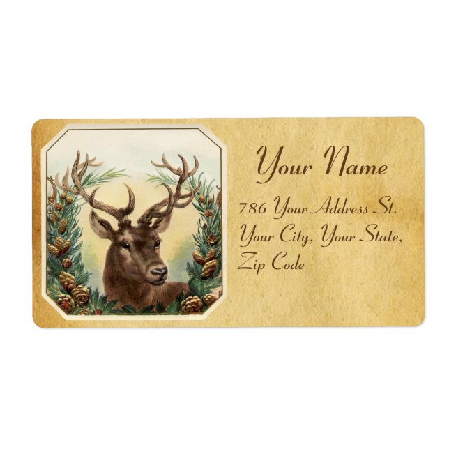 CHRISTMAS DEER WITH PINE CONES CROWN PARCHMENT LABEL (Front)