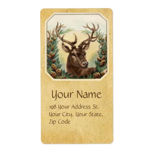 CHRISTMAS DEER WITH PINE CONES CROWN PARCHMENT LABEL
