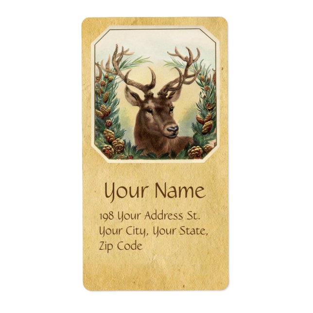 CHRISTMAS DEER WITH PINE CONES CROWN PARCHMENT LABEL (Front)