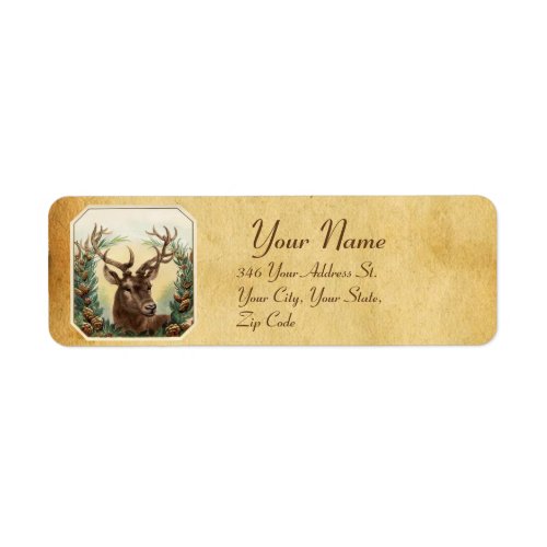 CHRISTMAS DEER WITH PINE CONES CROWN PARCHMENT LABEL