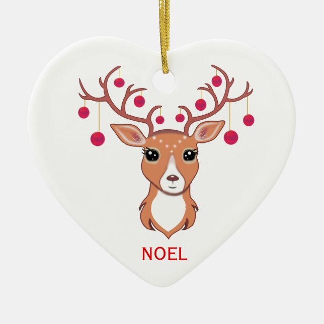 Christmas Deer with Red balls Ceramic Ornament (Front)