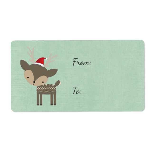 Christmas Deer With Red Santa Hat Retro Hipster Label (Front)