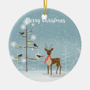 Christmas Deer With Red Scarf Ceramic Ornament