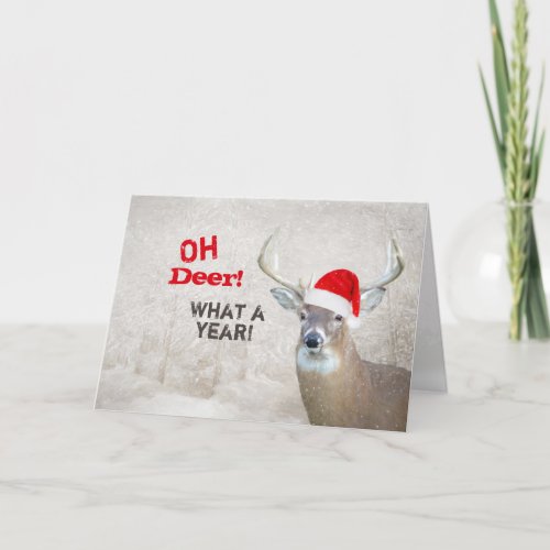 Christmas Deer With Santa Cap Holiday Card