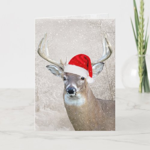 Christmas Deer with Santa Hat Holiday Card