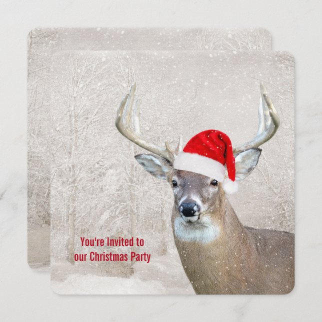 Christmas Deer with Santa Hat Party Invitation (Front/Back)