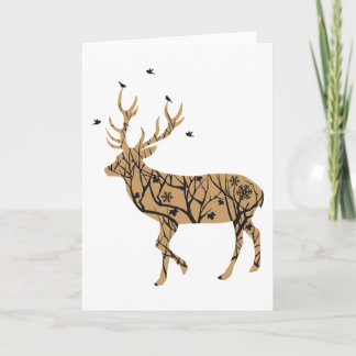 Christmas deer with winter tree pattern and birds holiday card