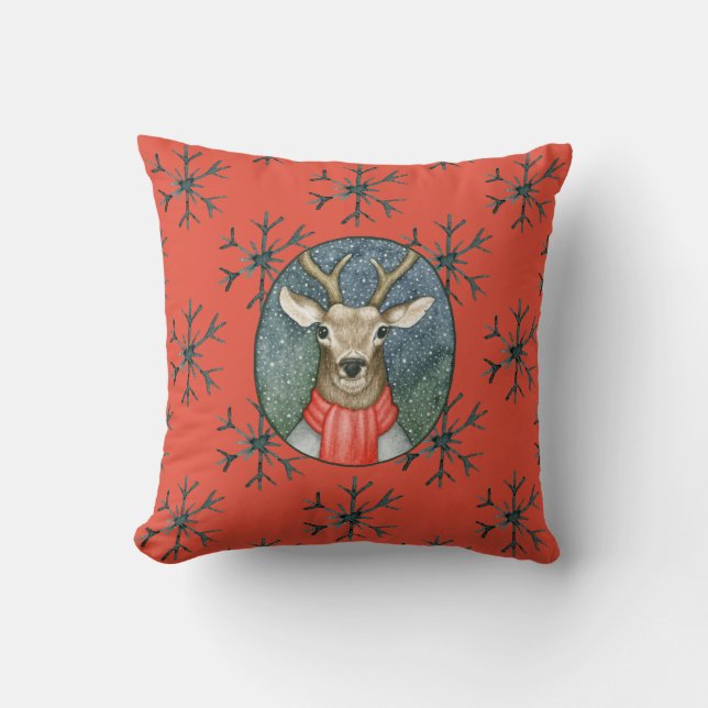 Christmas Deer Woodland Holiday Illustration Throw Pillow (Front)