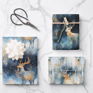 Christmas deer Wrapping Paper gift wraps navy gold