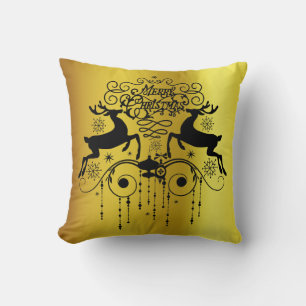 Christmas Deers Black Silhouettes Throw Pillow
